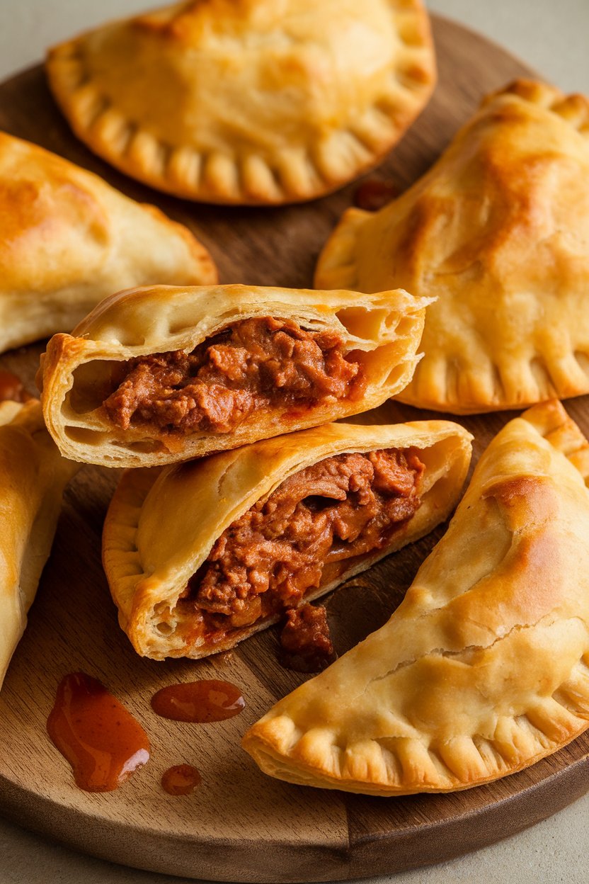 Indoor photo of flaky golden empanadas split open to reveal spicy beef filling, served on a wooden board; no text or logos