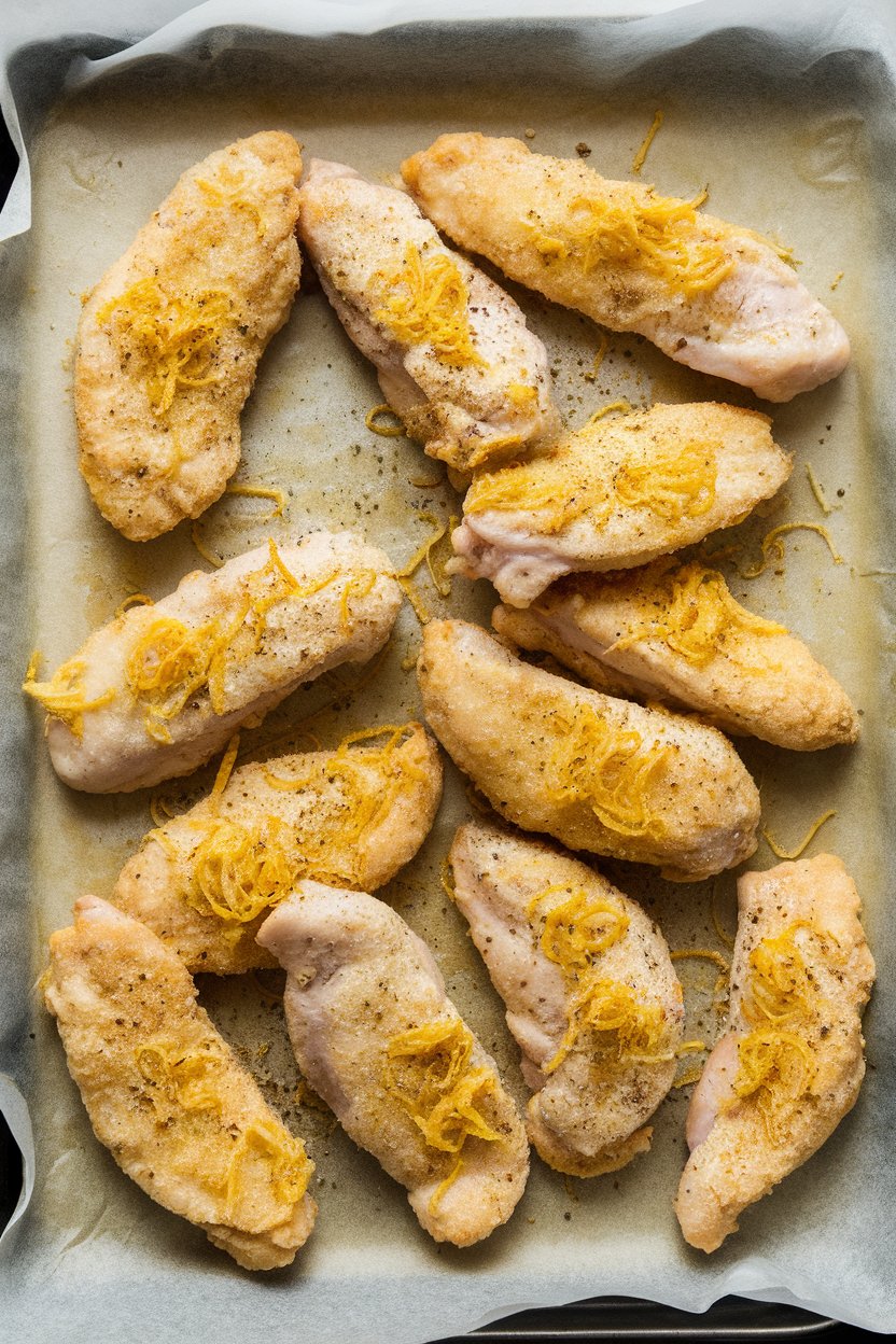 Indoor serving tray lined with parchment, featuring crispy baked chicken tenders dusted with lemon zest and cracked pepper, no text or logos. Photo only.