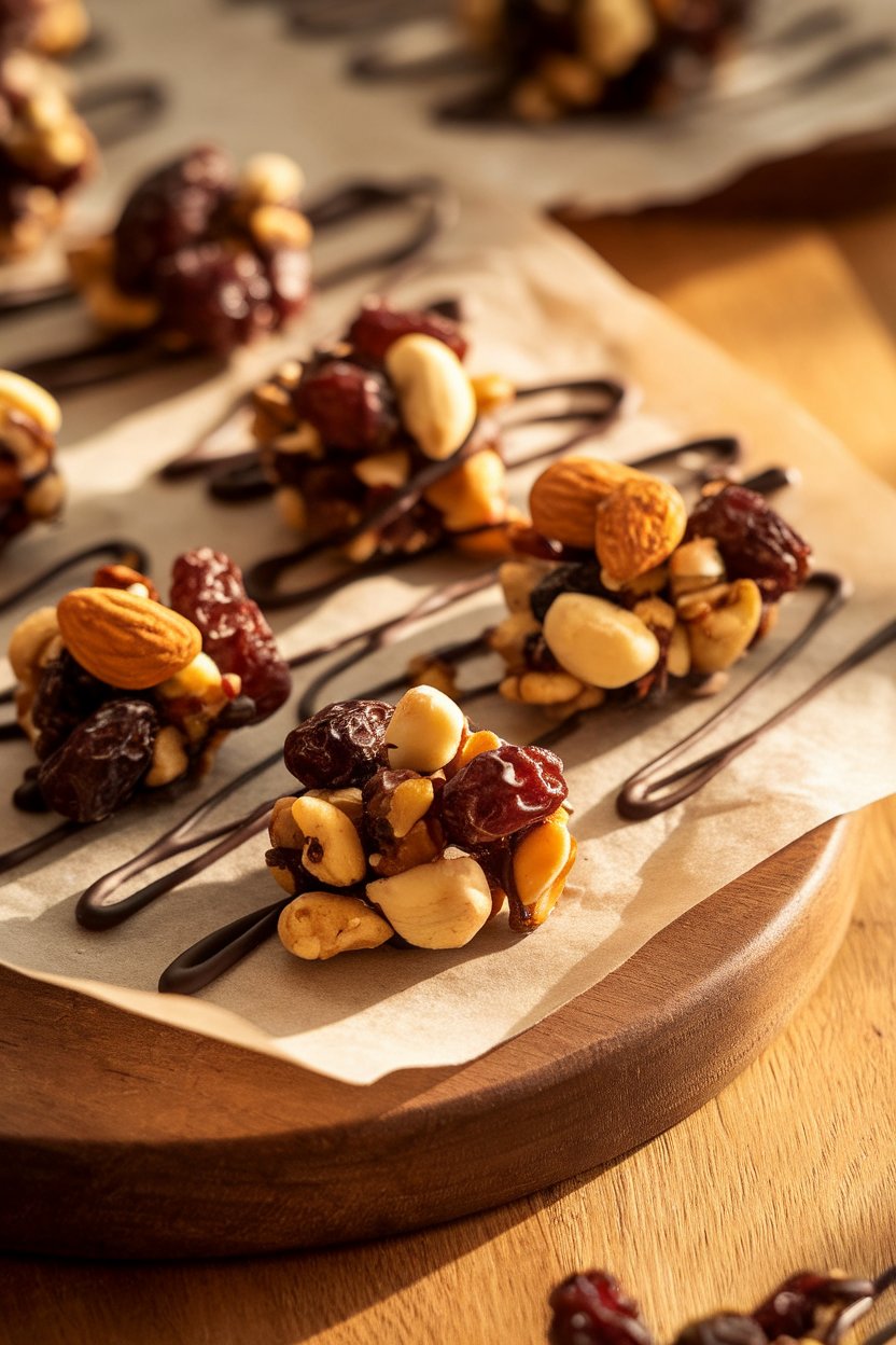 Photo of small irregular nut-and-fruit clusters on parchment paper, lightly drizzled with dark chocolate, indoors. No text or logos.