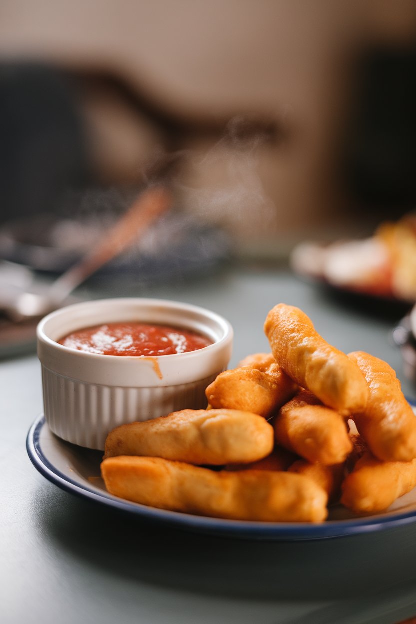 An indoor tabletop scene with a plate of golden mozzarella sticks, marinara sauce in a ramekin showing steam. No text or logos in sight.