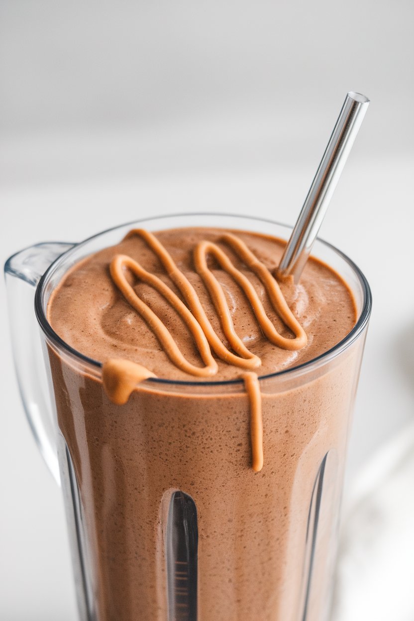 An indoor blender cup filled with a thick chocolate-colored smoothie, peanut butter drizzle on top, straw inserted. No text or logos present. Photo, not illustration.