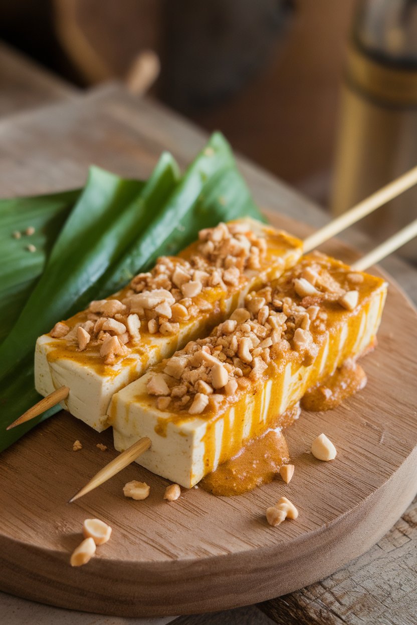 Photo prompt: Indoor tabletop showing skewered tofu brushed with golden lemongrass satay sauce, sprinkled with crushed peanuts. No text or logos.