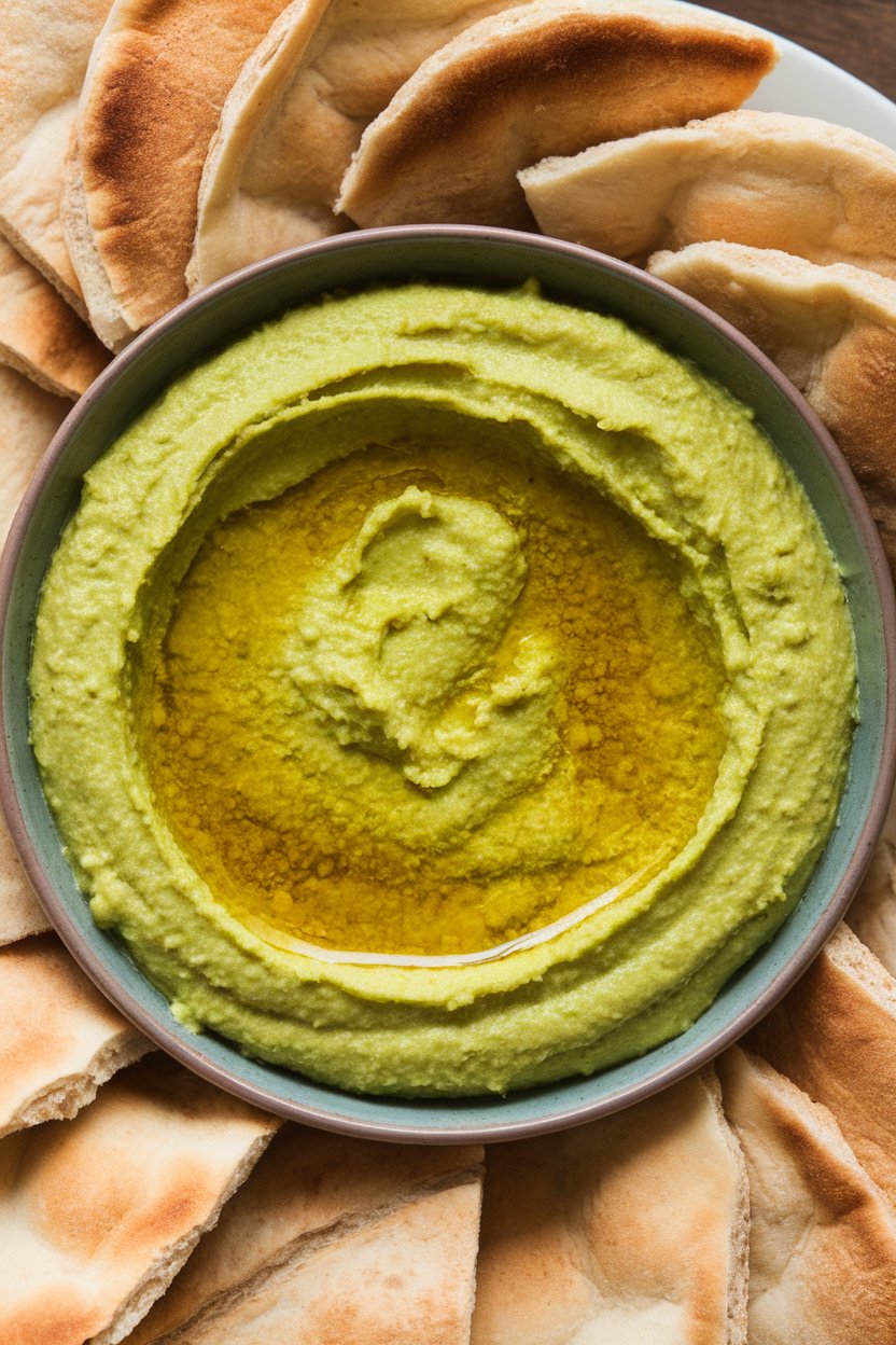 Indoor photo of bright green hummus in a shallow bowl, olive oil pooled on top, pita wedges surrounding, no text or logos