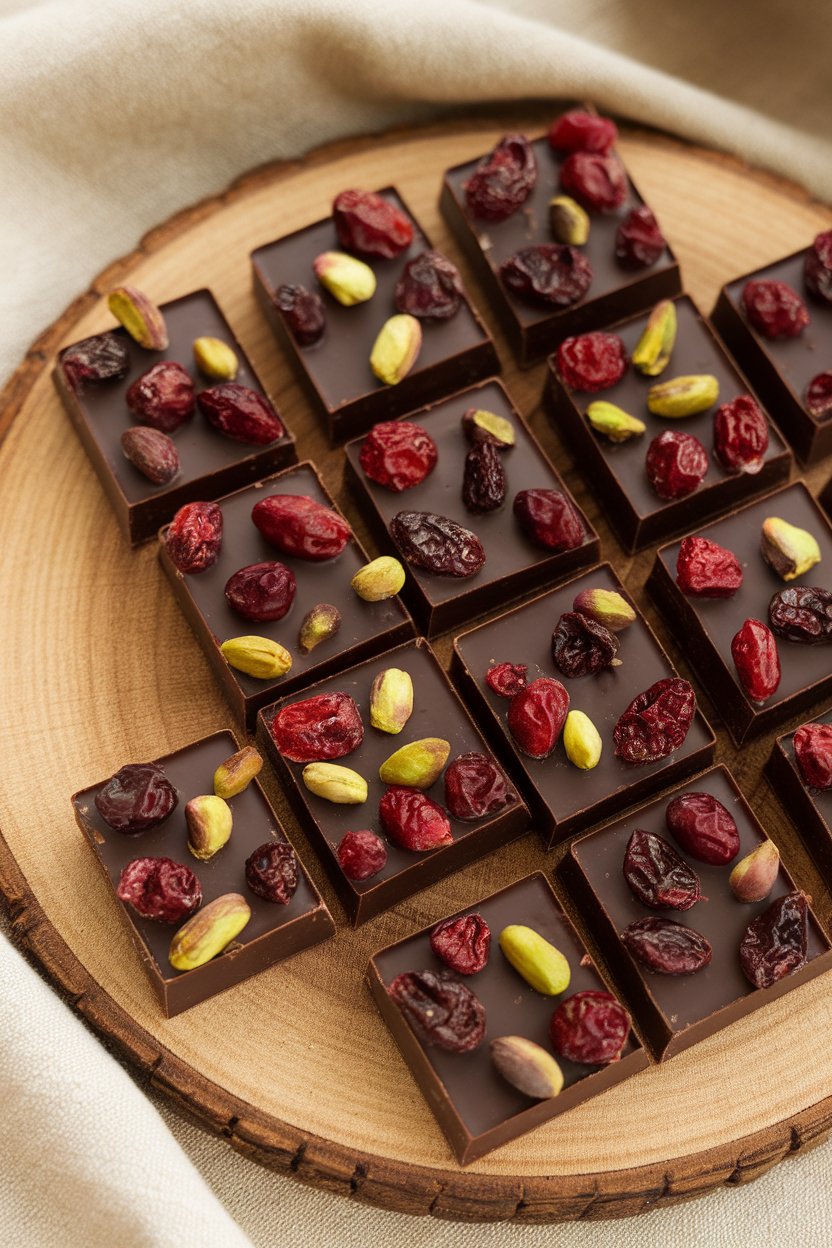 Indoor board with rectangular pieces of dark chocolate studded with dried cranberries and pistachios. Photo, no text or logos.