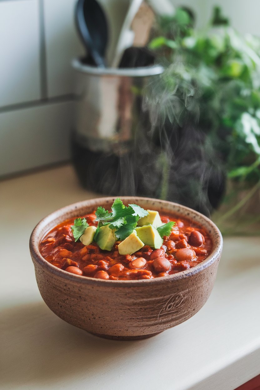 Photo prompt: Indoor countertop with a ceramic bowl of chunky bean chili topped with diced avocado and cilantro, steam rising. No text or logos. Photo, not illustration.