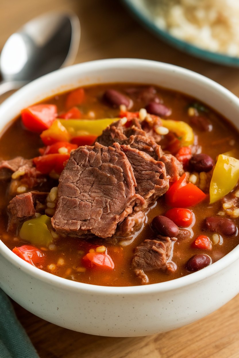 Indoor bowl of Tex-Mex beef stew soup—tender beef chunks, tomatoes, and bell peppers in spiced brown broth. No text or logos. Photo.
