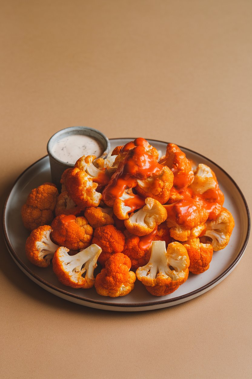An indoor plate piled with roasted cauliflower florets glazed in orange buffalo sauce, served with a small cup of ranch. No text or logos in frame.