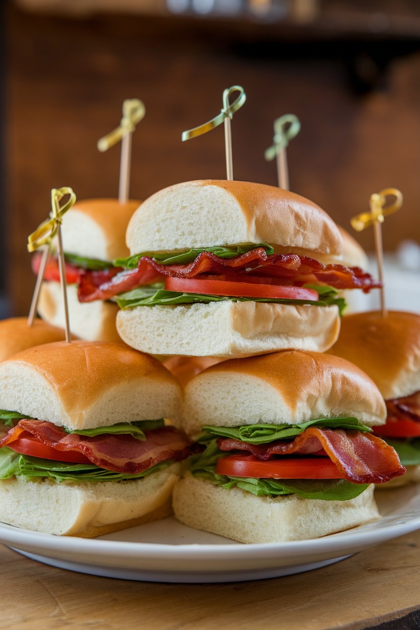 Indoor photo of small slider buns layered with bacon, lettuce, and tomato, held together with cocktail picks. No text or logos.
