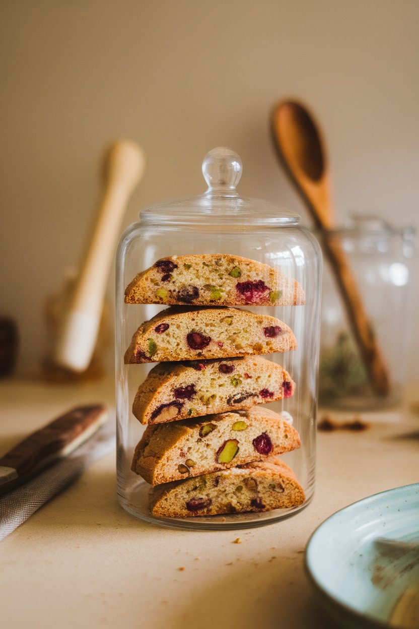 Photo of sliced pistachio cranberry biscotti stacked in a clear jar on an indoor countertop, green and red bits visible. No text or logos anywhere.