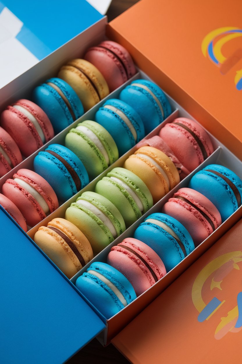 Indoor tabletop photo of colorful macarons in two team colors, neatly lined in a box. Soft lighting, no text or logos.