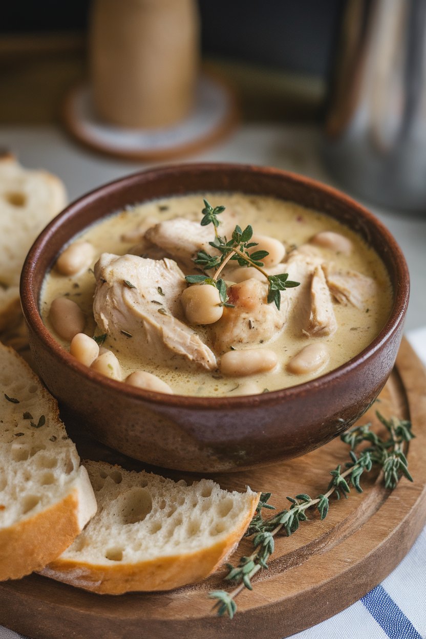 A rustic indoor bowl of creamy chicken stew with white beans and thyme sprigs floating on top. No text or logos.