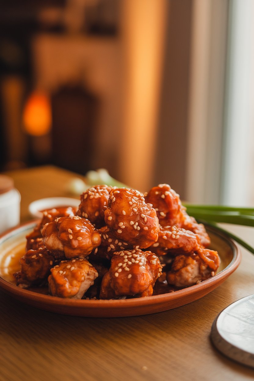 A warmly lit indoor platter of bite-size chicken pieces glazed in a sticky honey-garlic sauce, sprinkled with sesame seeds. No text or logos present. Photo, not illustration.