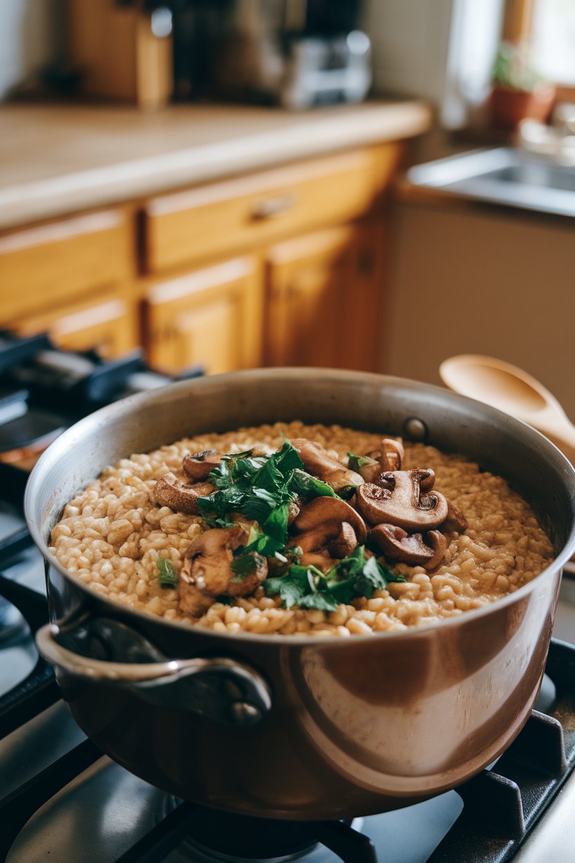 An indoor stovetop pot of creamy farro risotto with sautéed mushrooms and fresh parsley, spoon resting nearby. No logos or text visible.