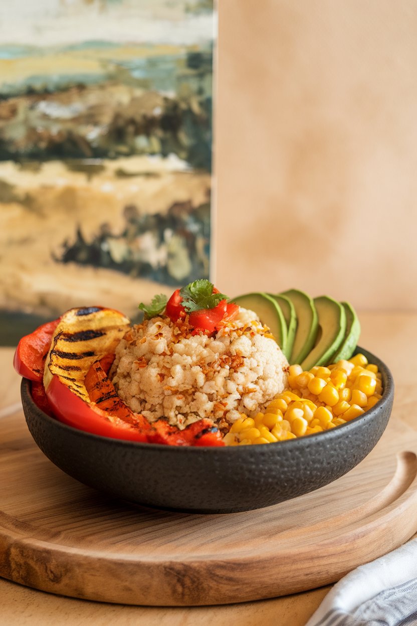 An indoor bowl packed with seasoned cauliflower rice, grilled bell peppers, corn, and sliced avocado. Soft restaurant-style lighting, no logos or text.