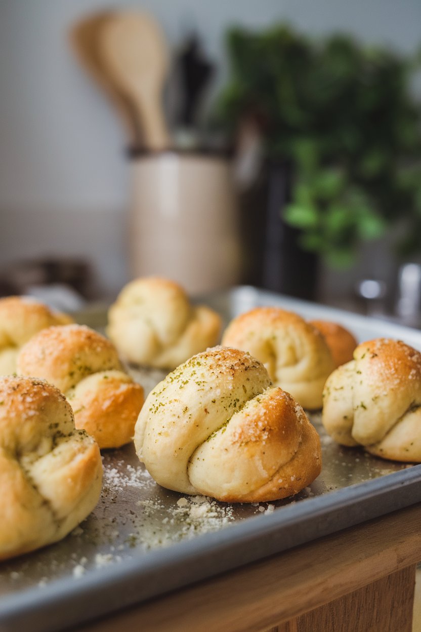 Indoor photo of buttery garlic knots sprinkled with Parmesan on a metal tray; no text or logos.
