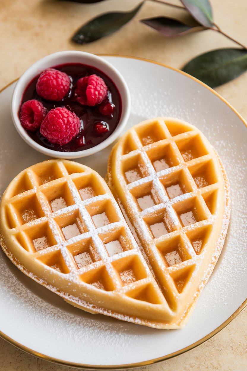 Indoor photo of golden heart-shaped Belgian waffles dusted with powdered sugar and served with a side of raspberry compote, no text or logos anywhere