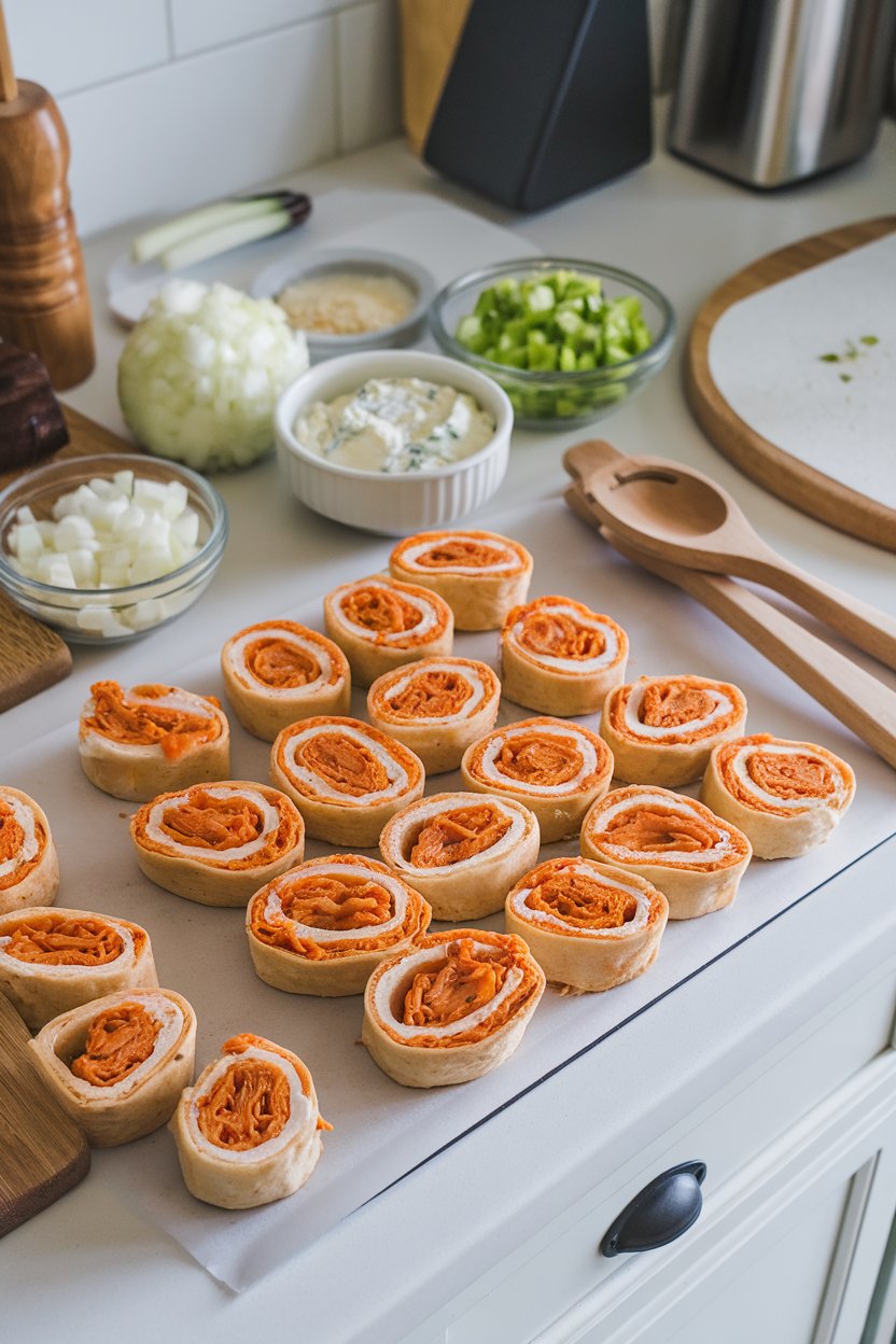 Indoor kitchen counter showing sliced tortilla pinwheels stuffed with cooked shredded buffalo chicken and cream cheese, no text or logos, photo only