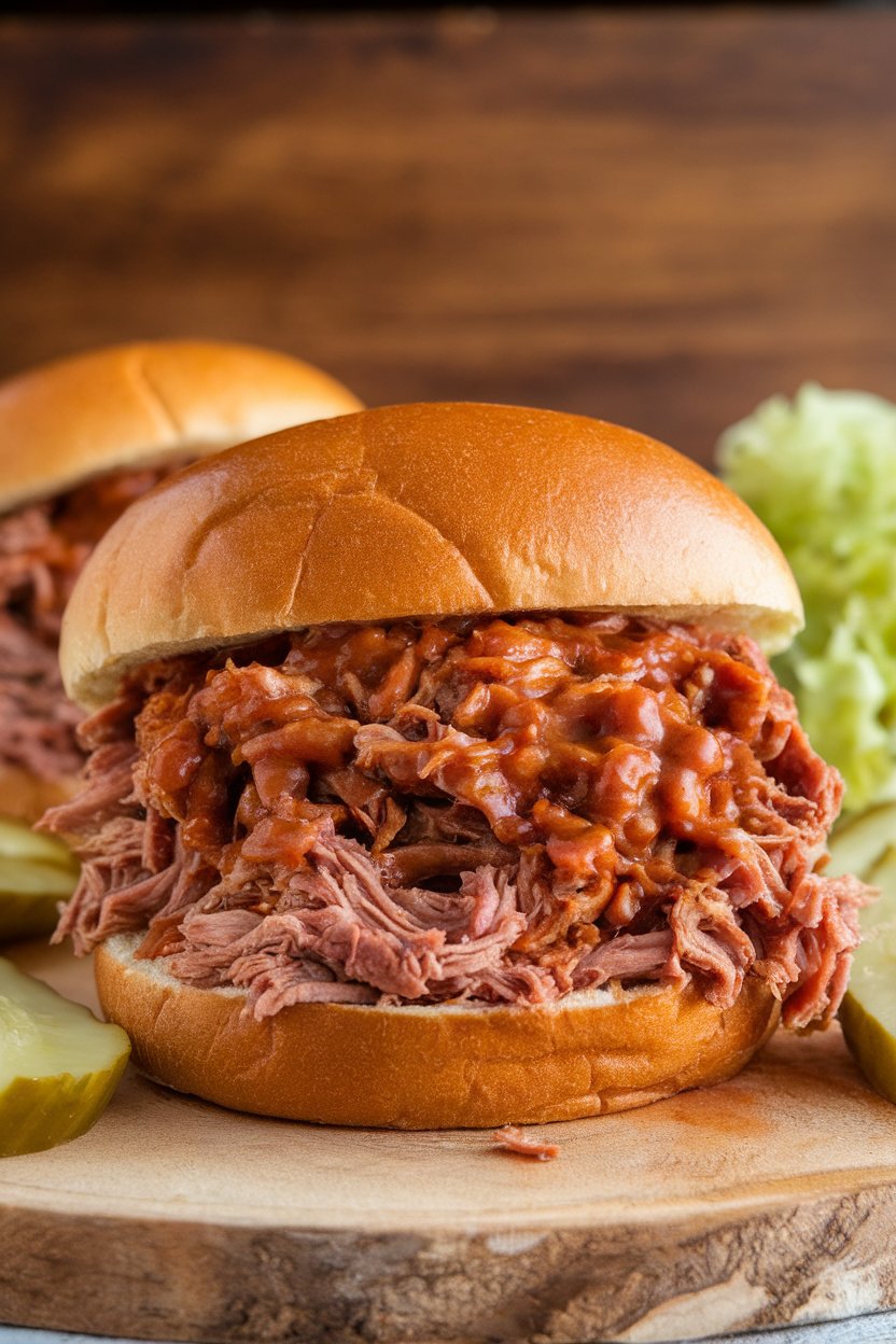 Indoor photo of saucy pulled pork piled high on a bun, pickles on the side, no text or logos