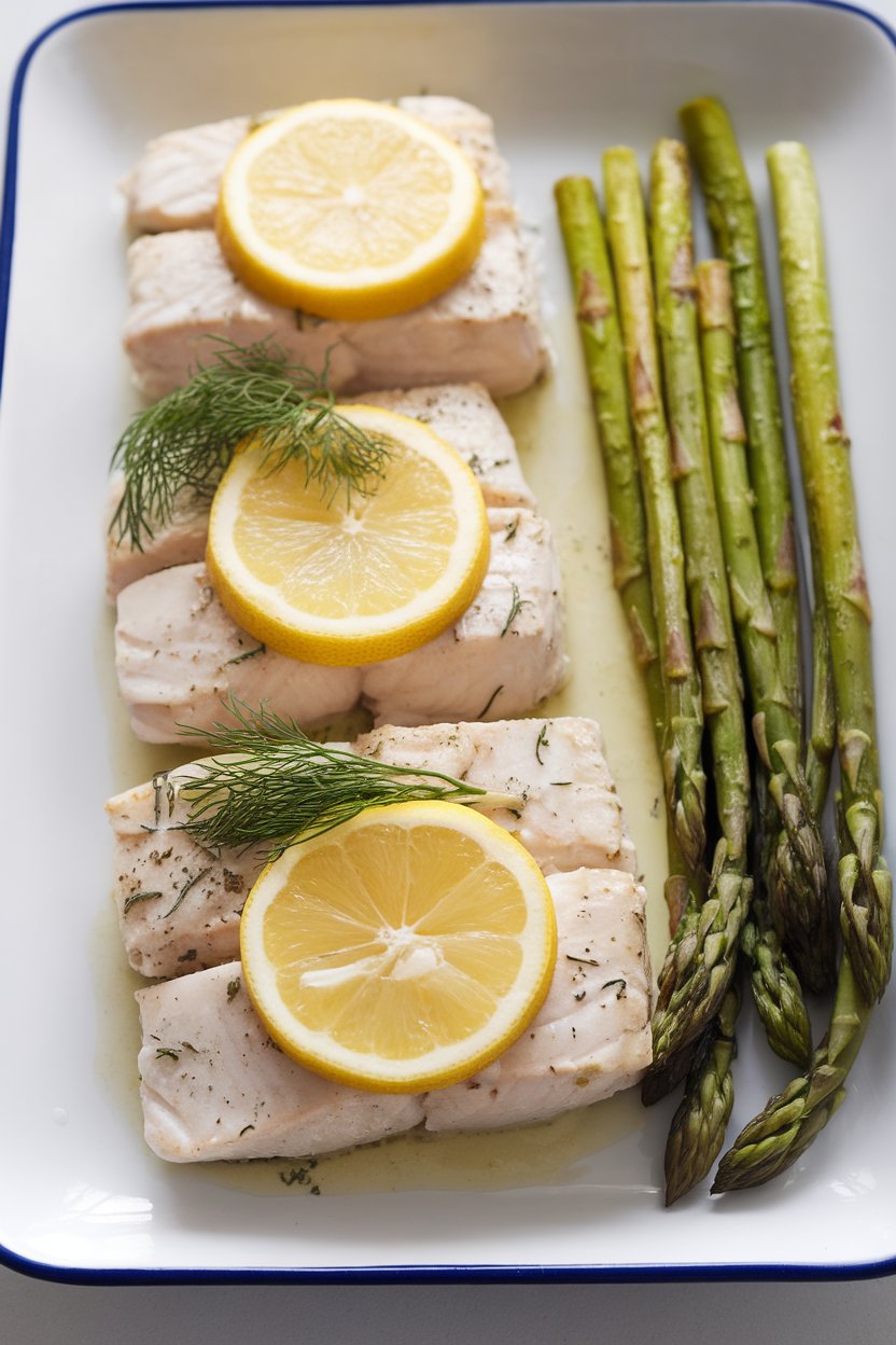 Indoor photo of halibut portions baked with dill sprigs and lemon wheels, alongside roasted asparagus spears on a white platter. No text or logos.