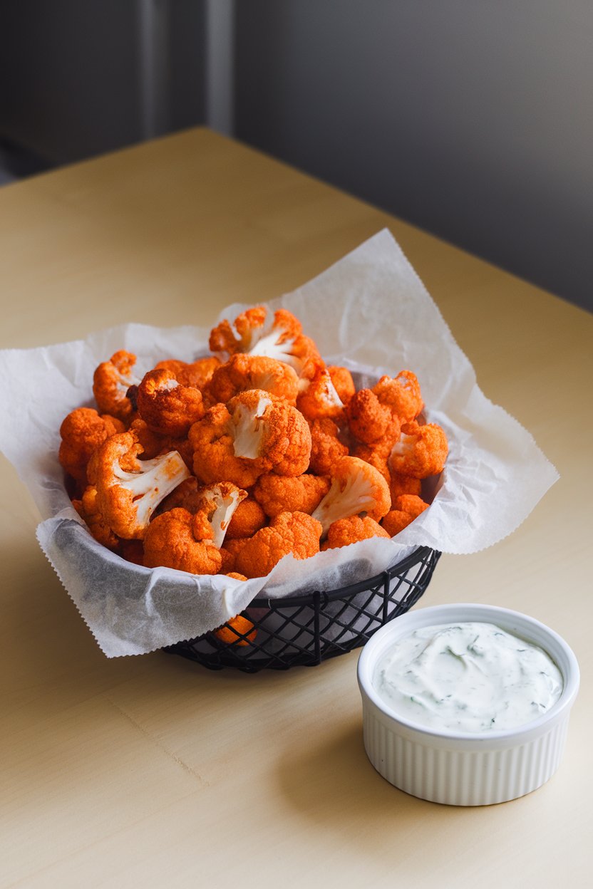 Indoor tabletop with a parchment-lined basket of crisp buffalo cauliflower florets, a ramekin of ranch dip beside them. No text or logos.