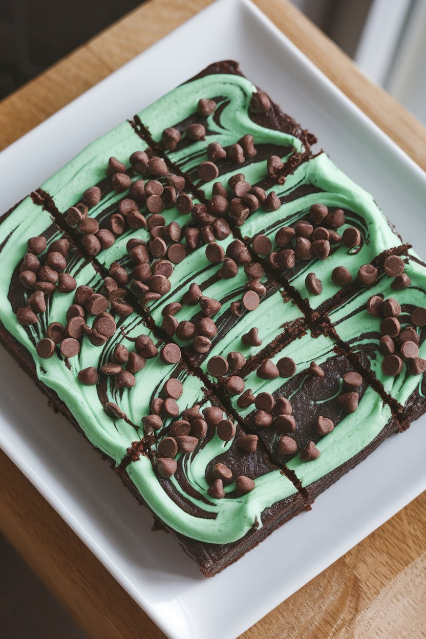 A square plate indoors featuring dark brownies swirled with green mint frosting and sprinkled with mini chocolate chips. No text or logos; photo, not illustration.