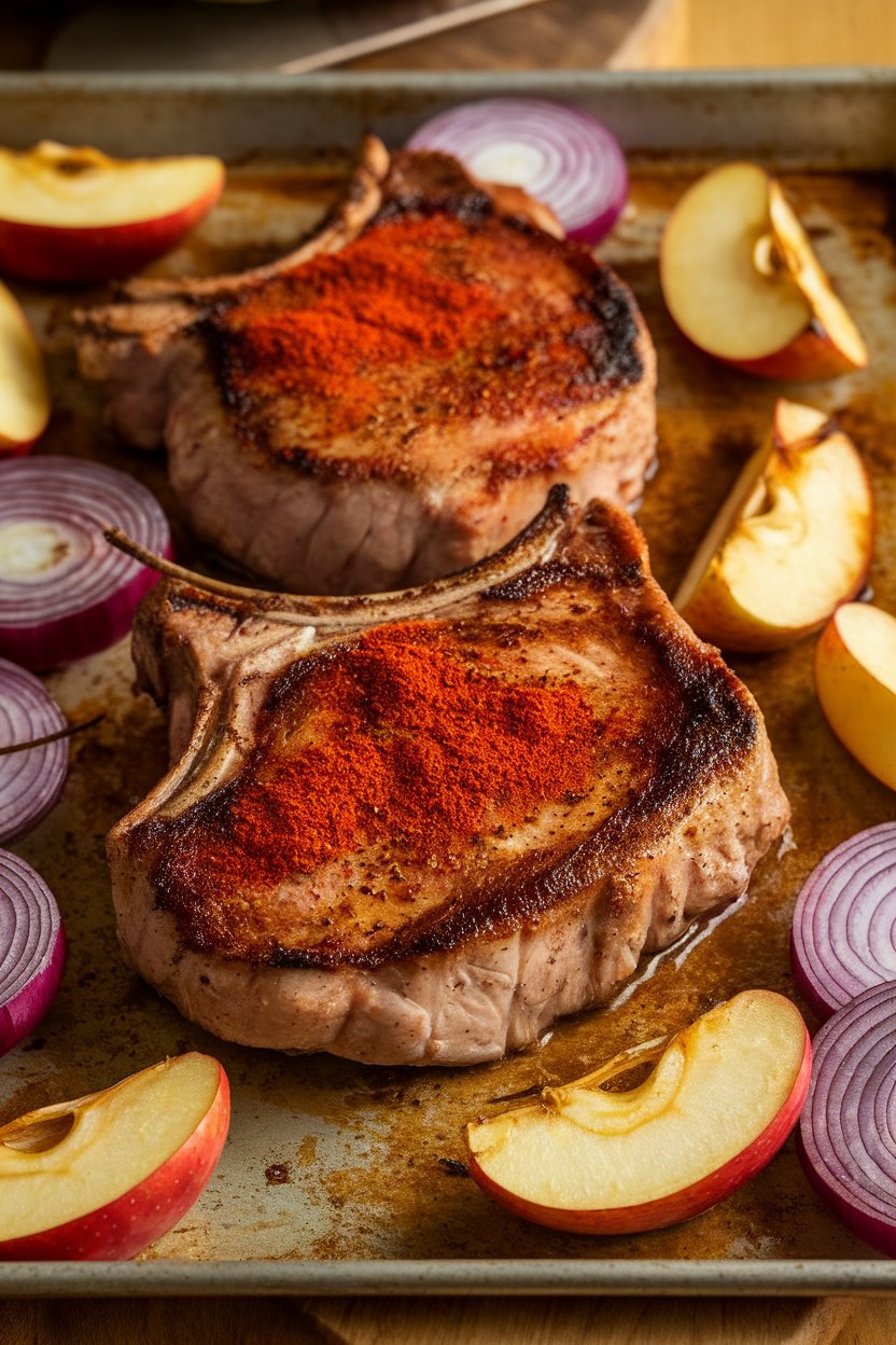Indoor photo of seared bone-in pork chops dusted with smoked paprika, roasted apple wedges, and red onion on a sheet pan; no logos