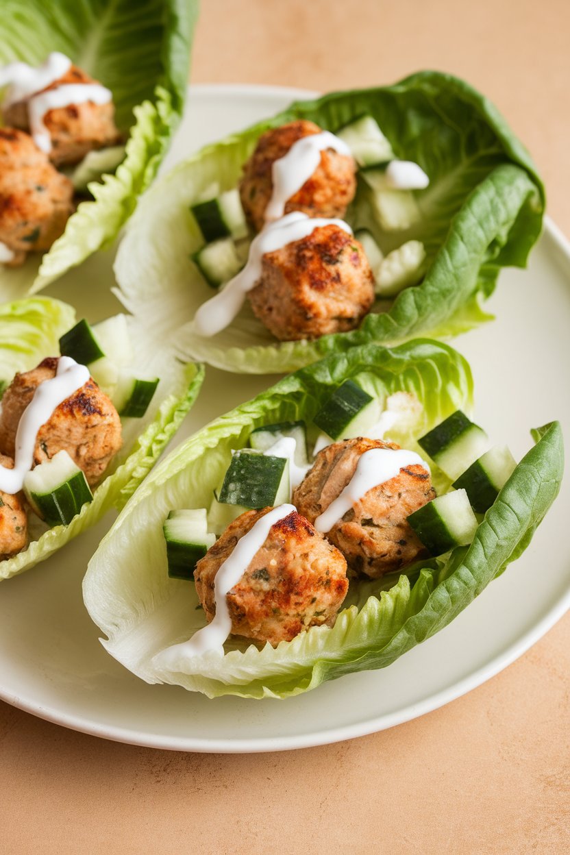 Photo of romaine boats holding mini chicken meatballs, diced cucumbers, and a drizzle of tzatziki, staged indoors. No text or logos.