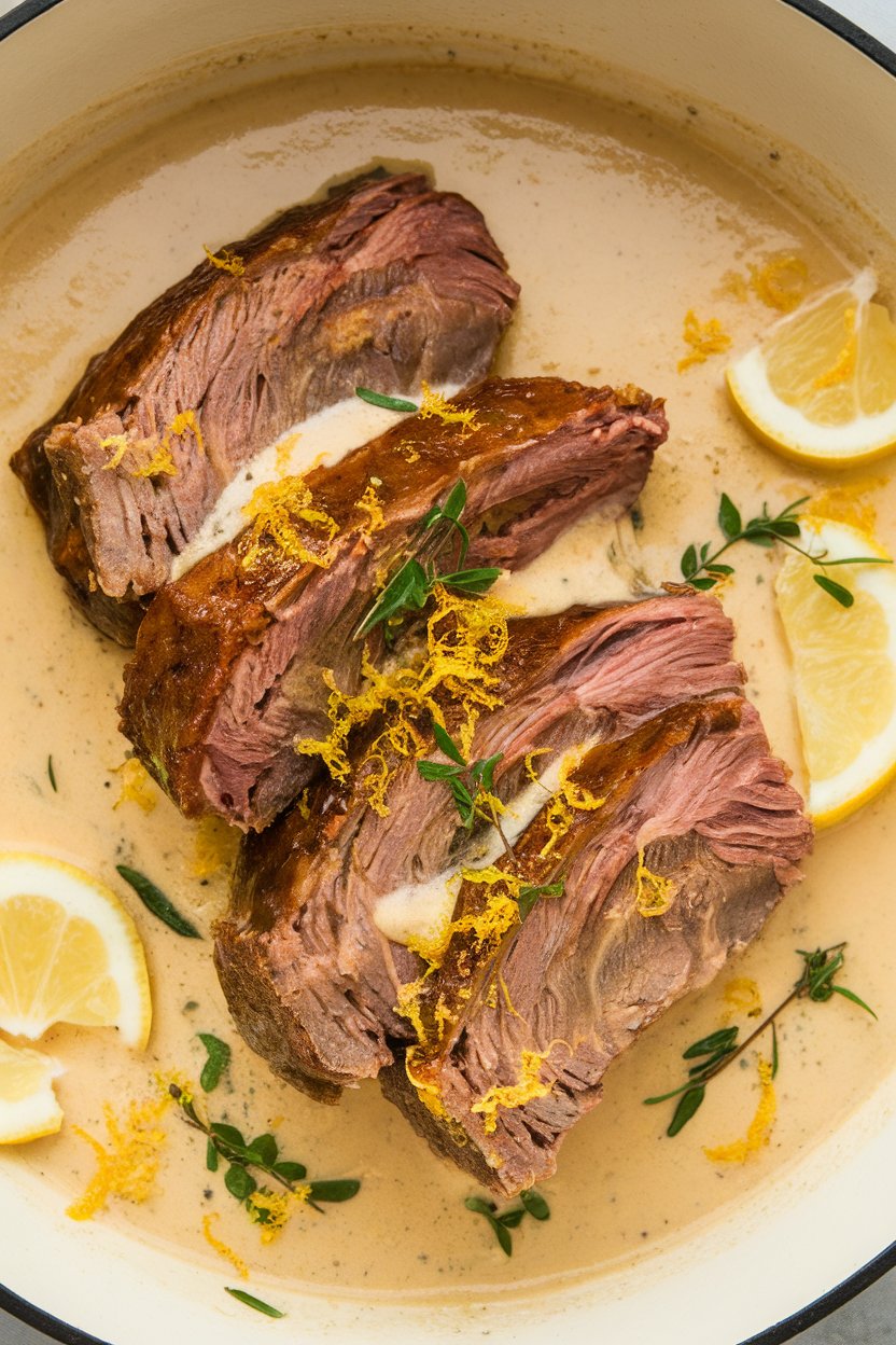 Indoor photo of short ribs in pale lemon pepper cream sauce, lemon zest garnish; no text or logos