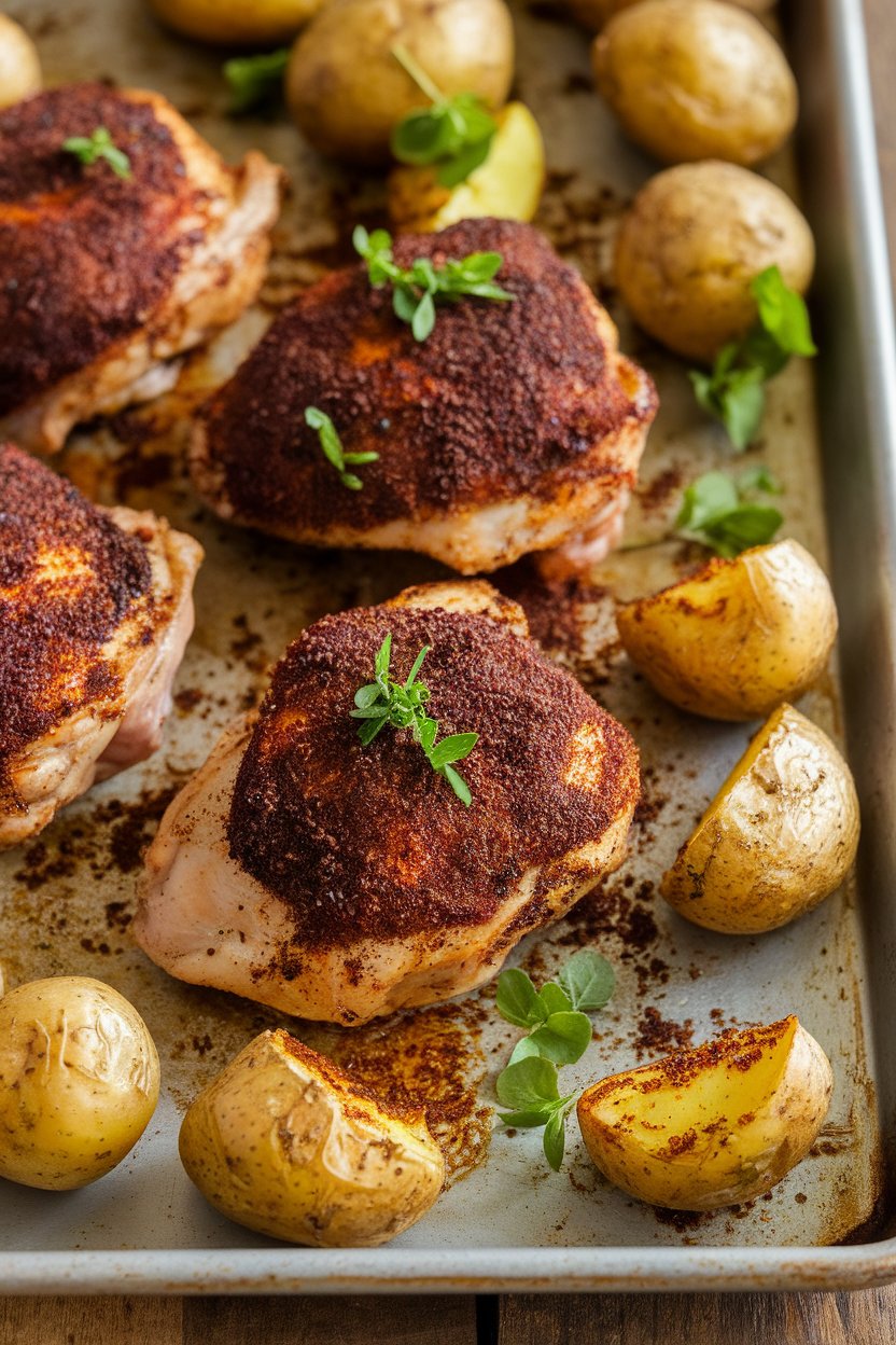 Indoor photo featuring dark espresso-spice rubbed chicken thighs, roasted baby potatoes coated in the same spice mix on a sheet pan. No text or logos.