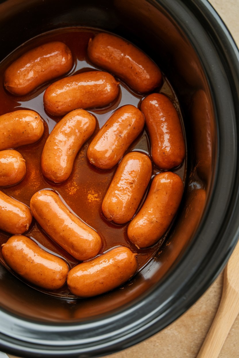 Indoor slow-cooker photo of mini sausages coated in glossy honey-garlic sauce, steam drifting upward. No logos or text displayed.