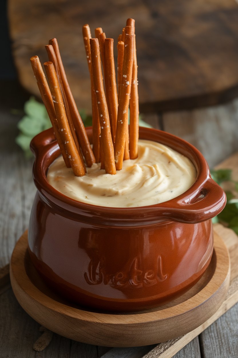 Indoor ceramic crock of creamy beer cheese with pretzel sticks, no text or logos