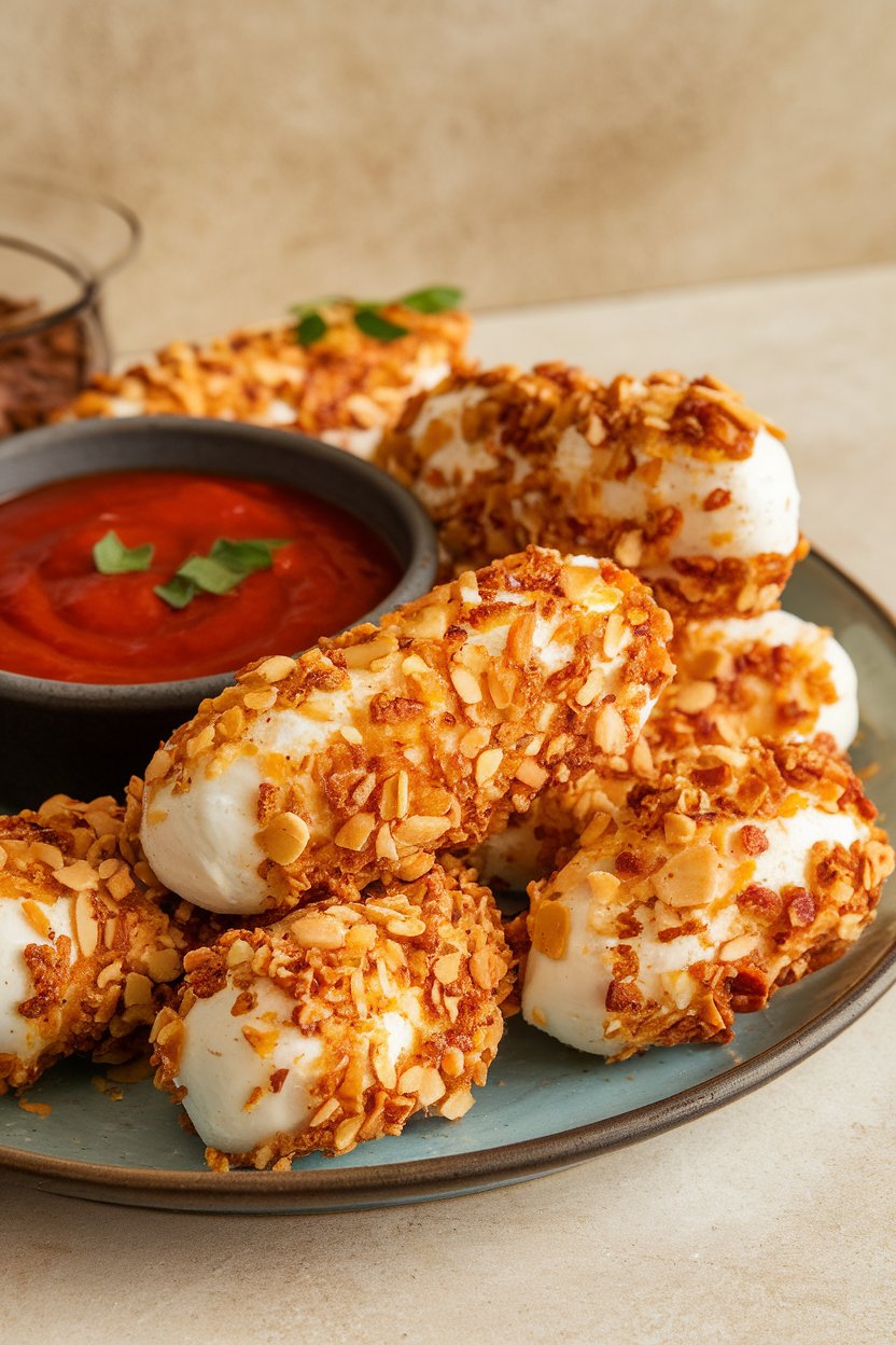 Photo of golden baked mozzarella sticks coated in crushed almonds, marinara dip alongside, on an indoor plate. No text or logos.