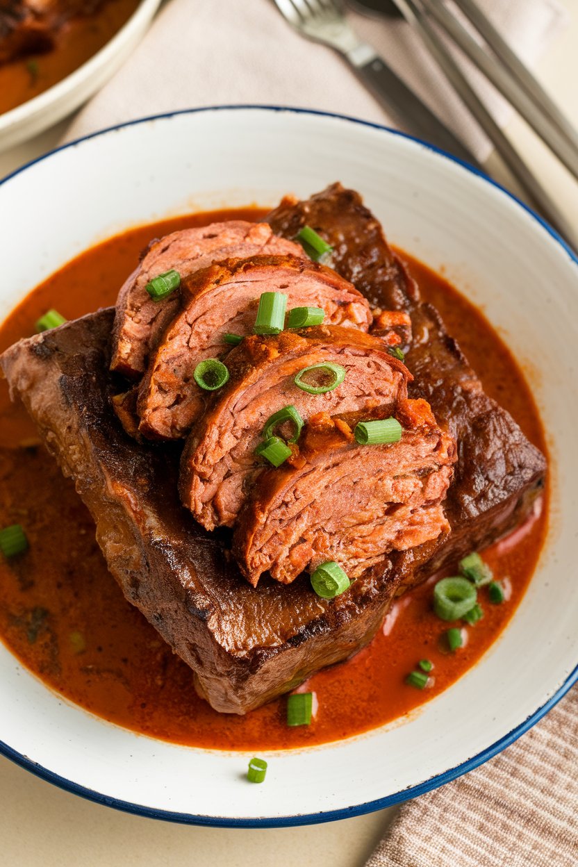 Indoor photo of short ribs with slices of andouille sausage in spicy gravy; no text or logos