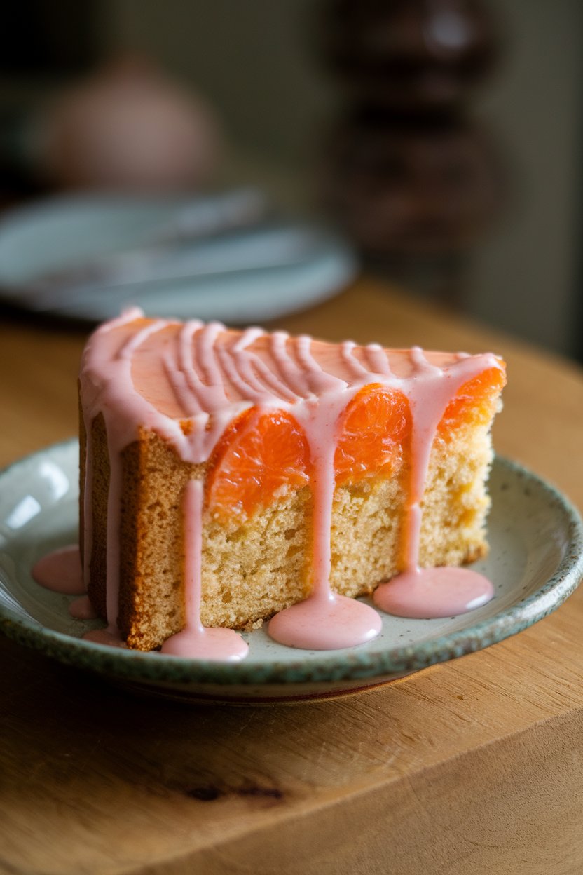 Photo of a loaf slice of blood orange olive oil cake on an indoor ceramic plate, pink glaze dripping down the side. No text or logos.