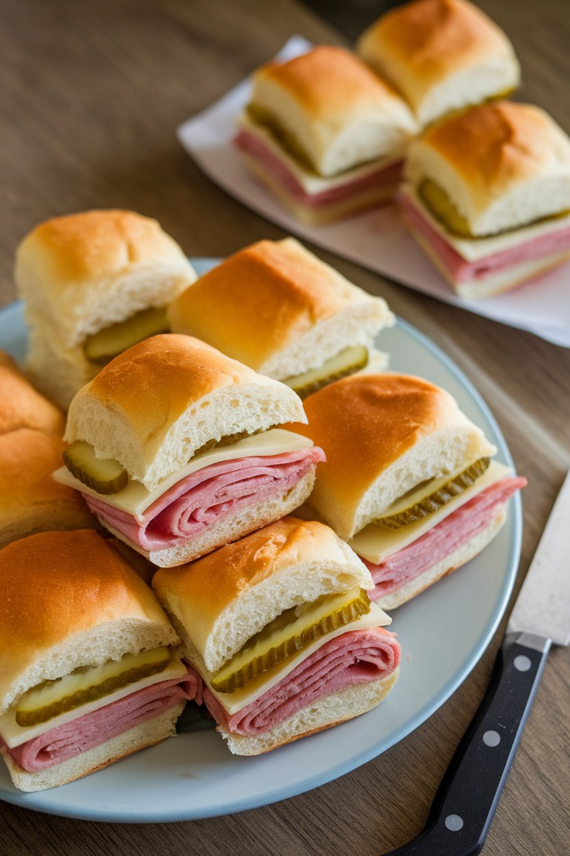 Indoor photo of small sweet rolls stuffed with roast pork, ham, Swiss cheese, pickles, and mustard, lightly pressed; no text or logos.