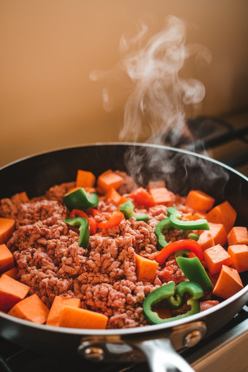 Indoor photo of a non-stick skillet filled with diced sweet potatoes, lean ground turkey, and bell peppers, steam rising. No text or logos.
