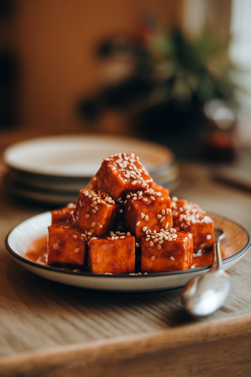 Photo of tofu cubes coated in a glossy sriracha honey glaze, sprinkled with sesame seeds, indoor tabletop light. No text or logos.