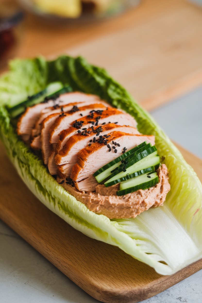 Indoor photo of crisp romaine leaves filled with sliced roast turkey, hummus, and julienned cucumbers. No text or logos.