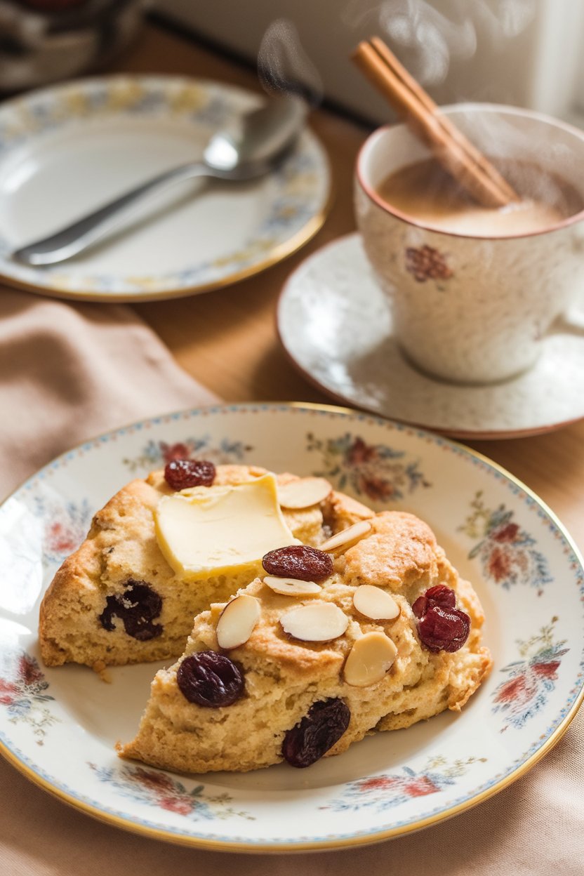 A cozy indoor breakfast setup showing flaky scones dotted with dried cherries and sliced almonds, served on a floral plate. Photo, no text or logos.