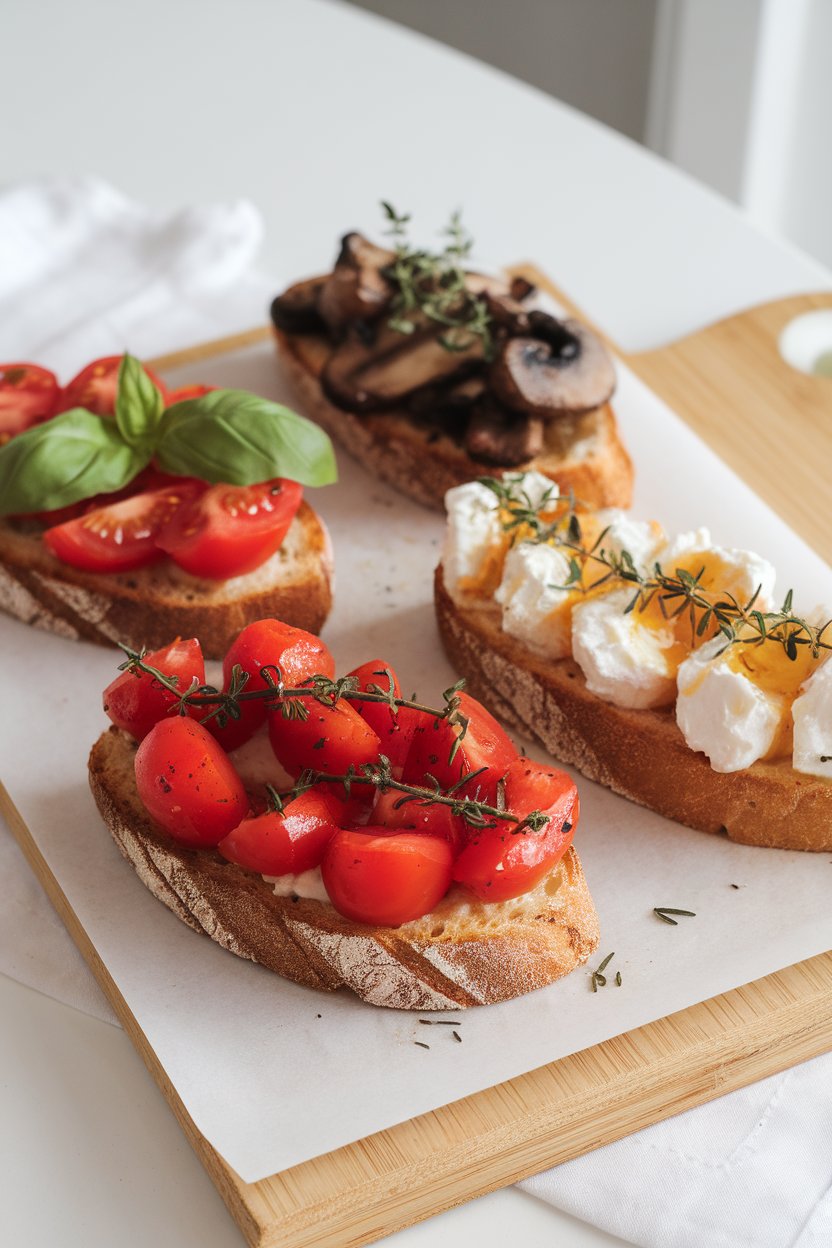 An indoor board showing three bruschetta varieties—tomato basil, mushroom thyme, and ricotta honey—on toasted bread. No text or logos.