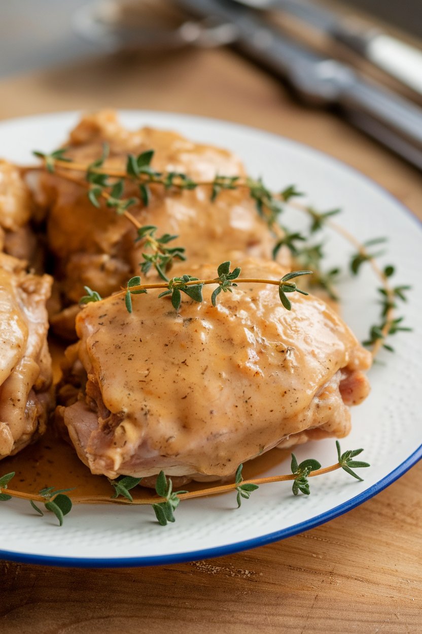 Indoor plate with boneless skinless chicken thighs glazed in light maple-Dijon sauce, garnished with thyme; no text or logos; photo only.