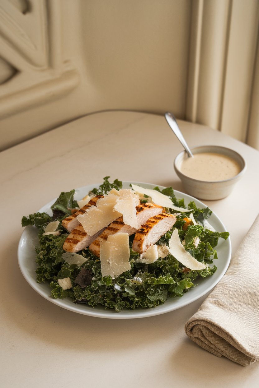 An indoor bistro-style table displaying a salad of chopped kale, grilled chicken strips, shaved Parmesan, and creamy dressing on the side; no text or logos. Photo only.