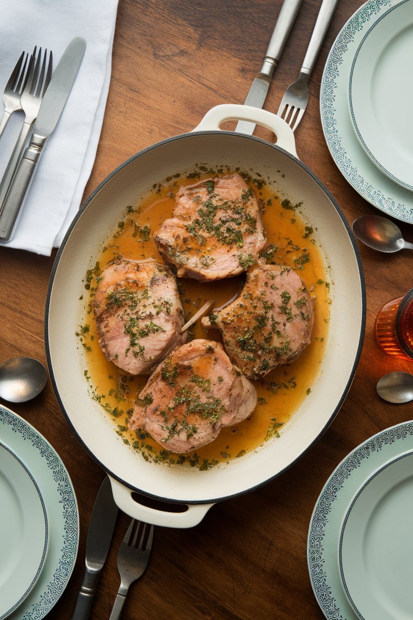 Wooden table with pork chops in light amber beer sauce, scattered herbs, no text or logos.