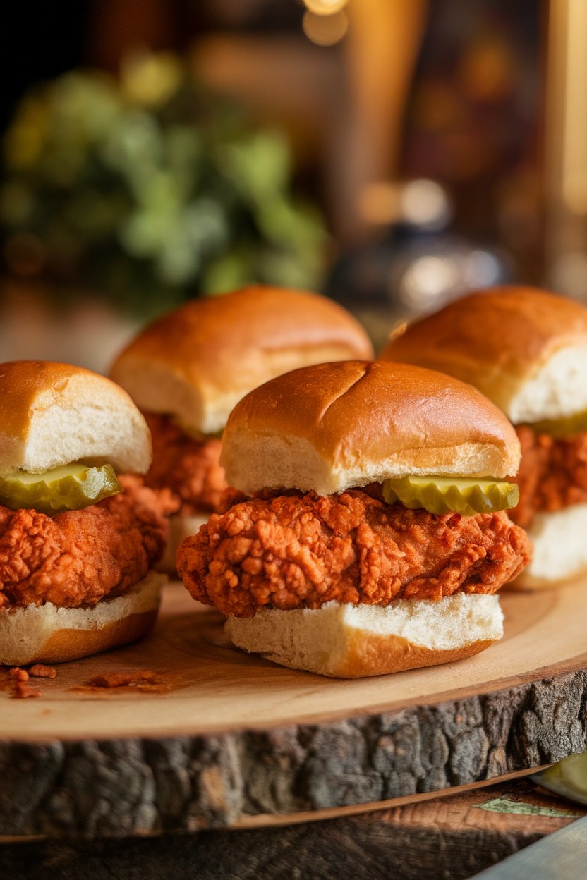 Indoor photo of spicy fried chicken sliders brushed with red chili oil on soft rolls, pickles peeking out. No text or logos.