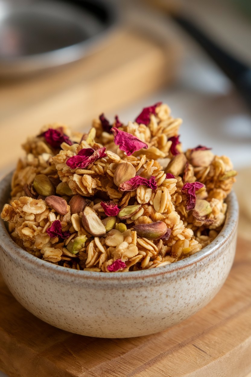 Indoor photo of golden granola clusters with dried rose petals and pistachios in a ceramic bowl, no text or logos