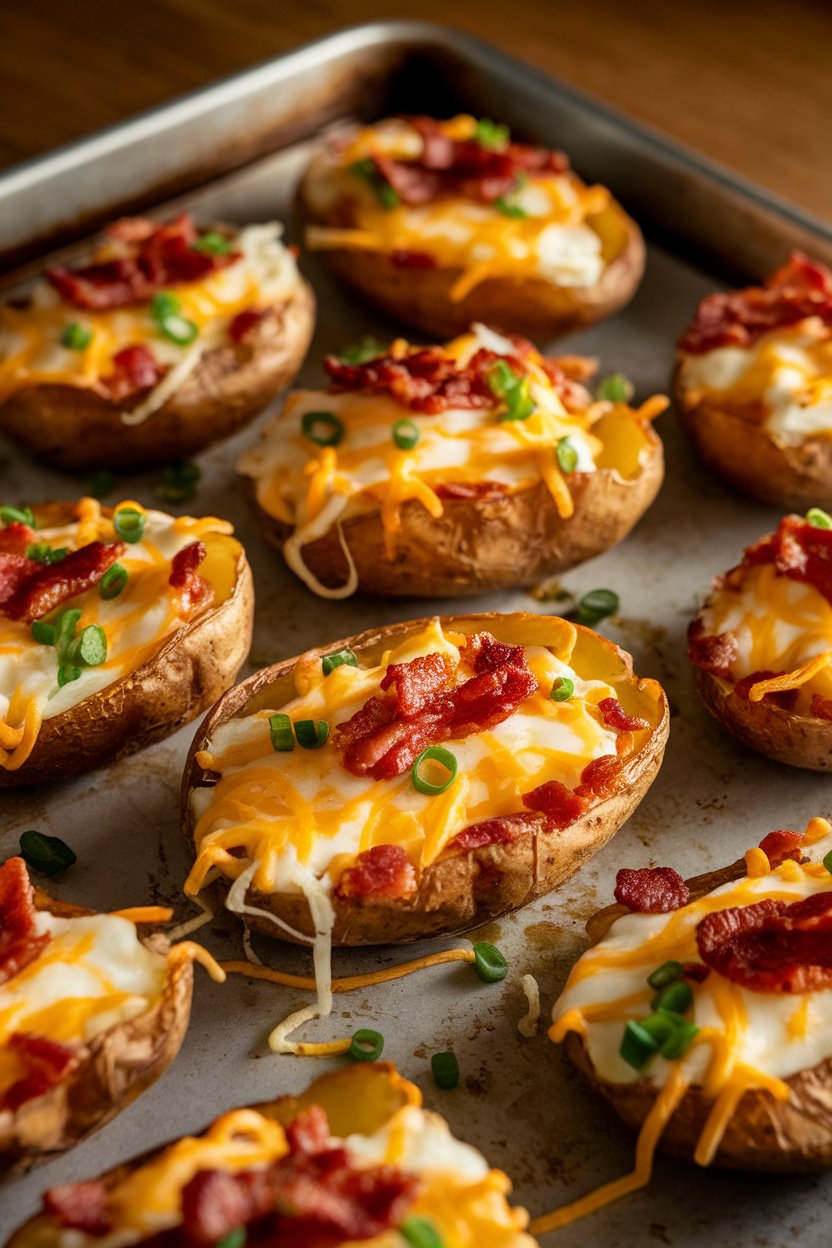 Indoor photo of crispy potato skins loaded with melted cheese, bacon bits, and chives, arranged on a baking sheet; no text or logos
