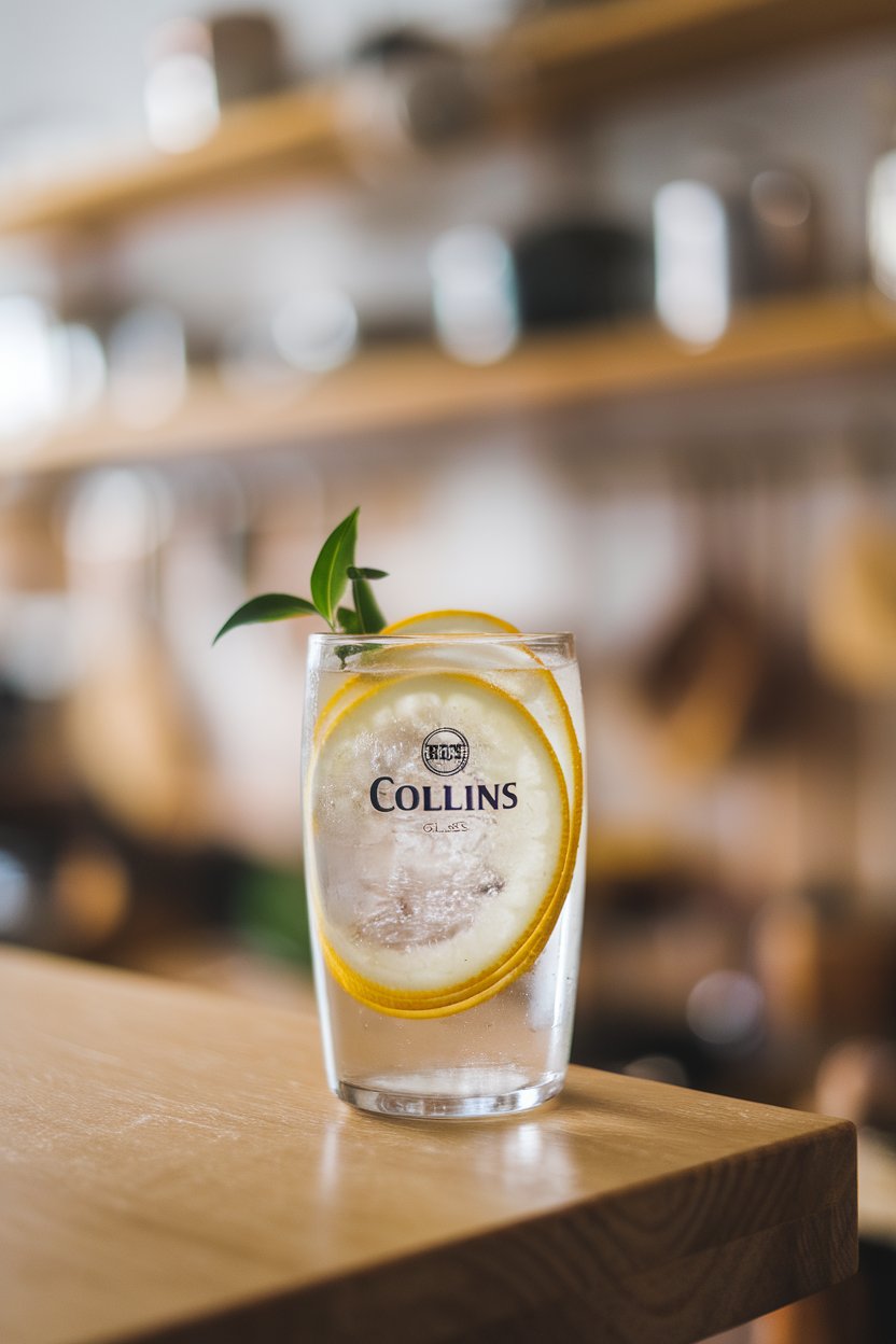 Indoor tabletop photo of a Collins glass with clear soda, thin lemon wheels stacked along glass wall, and small green herb leaf; no logos.