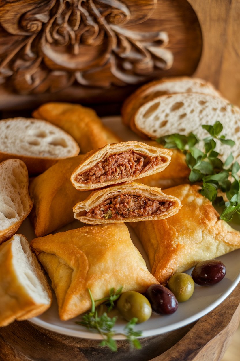 An indoor appetizer platter with flaky fried turnovers cut open to show spiced beef-pork filling. No text or logos. Photo.