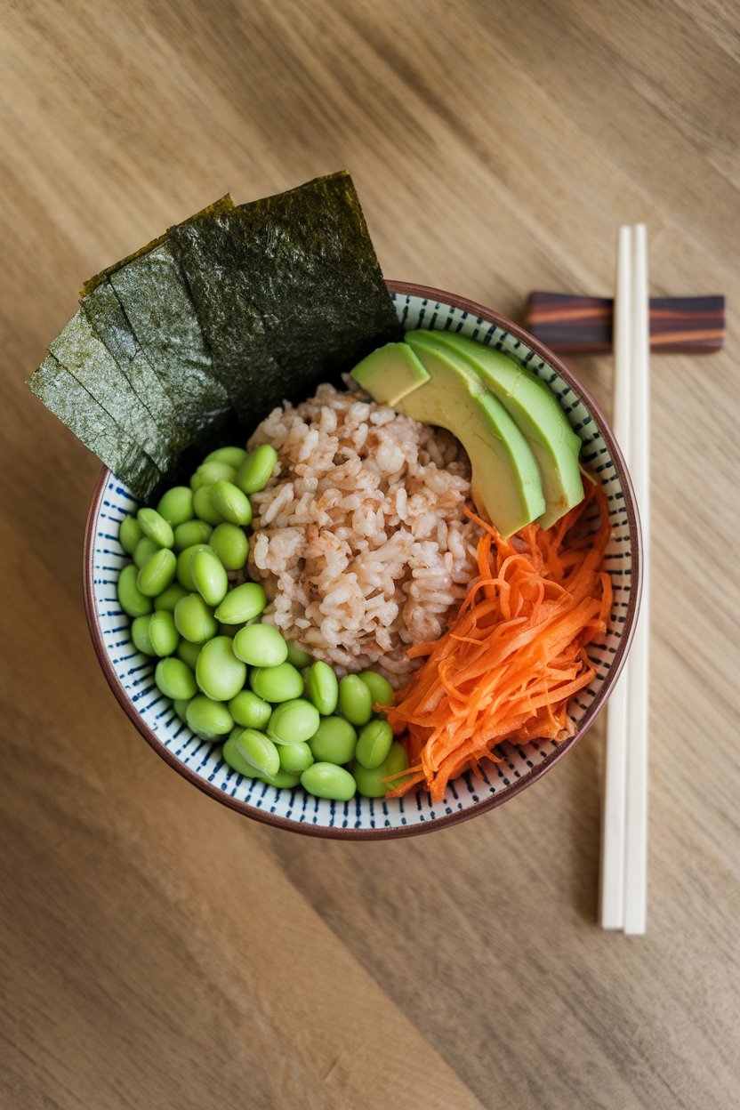 An indoor overhead shot of a bowl featuring brown rice, shelled edamame, shredded carrots, avocado slices, and nori strips. No logos or text present.