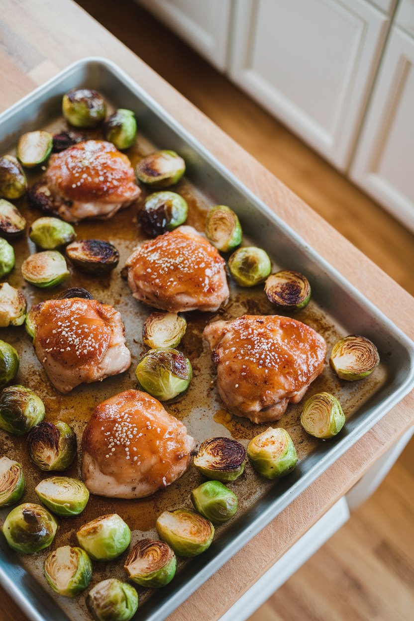 Indoor photo of chicken thighs glazed with a maple-mustard sauce, halved Brussels sprouts caramelized and slightly charred beside them on a sheet pan. Overhead lighting, no text or logos.